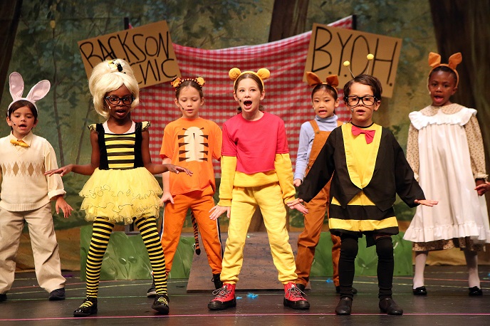 Children on stage performing in a play.